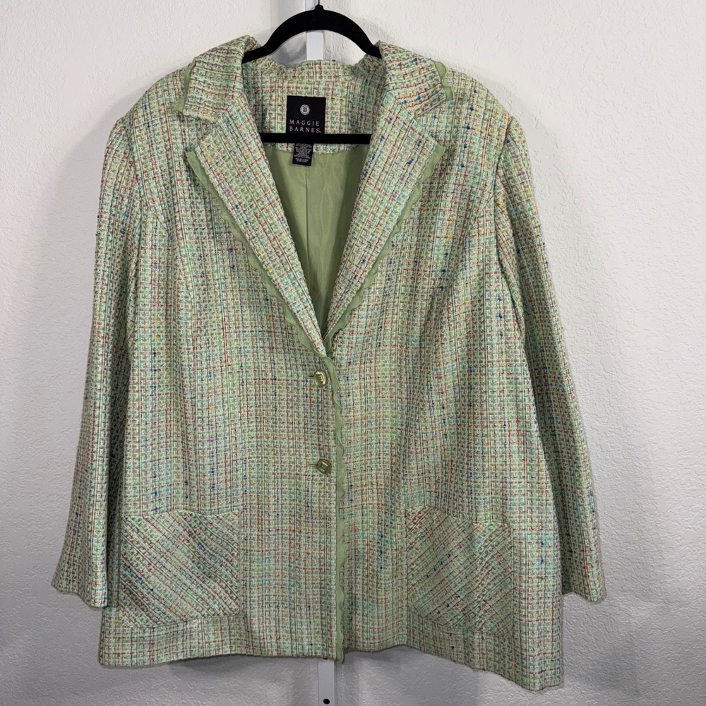 Vintage Maggie Barnes Blazer Tweed 26W Green Multicolor Jacket Lined Plus Size